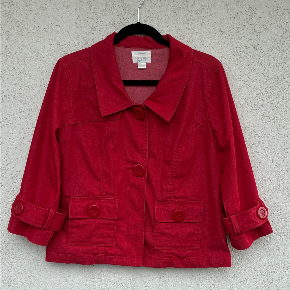 Christopher & Banks Red jacket - big buttons.  Short trench coat inspired style